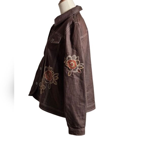 Alfred Dunner Brown Floral Embroidered Denim Jacket - Picture 5 of 7